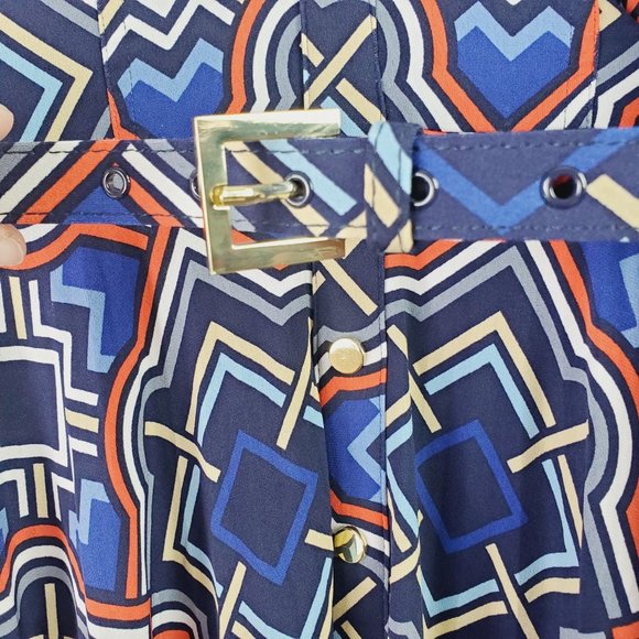 Vintage Cache Full Print Geometrical Belted Full Snap Front Dress XS - Picture 2 of 11
